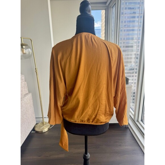 Express Mustard Yellow 3/4 Sleeve Silky Wrap Front Blouse Size Medium - Picture 5 of 6